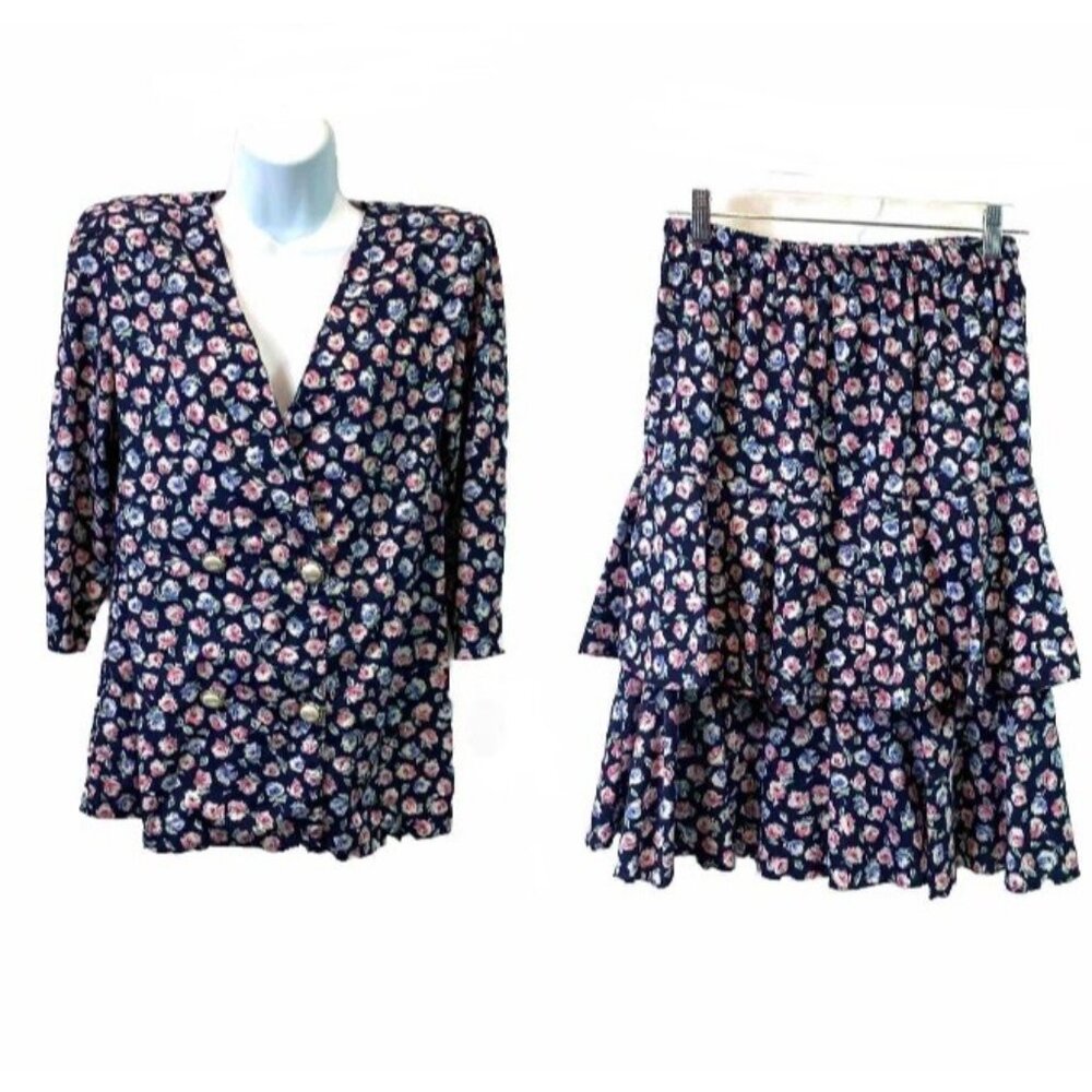 Paquette Too! Vtg 80s Womens Top Skirt Set Cottagecore Secretary Floral Sz 8
